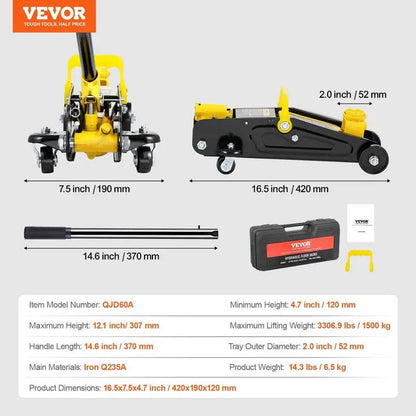 VEVOR Low Profile Aluminum Steel Racing Floor Jack Dual Pump Lift Car Auto