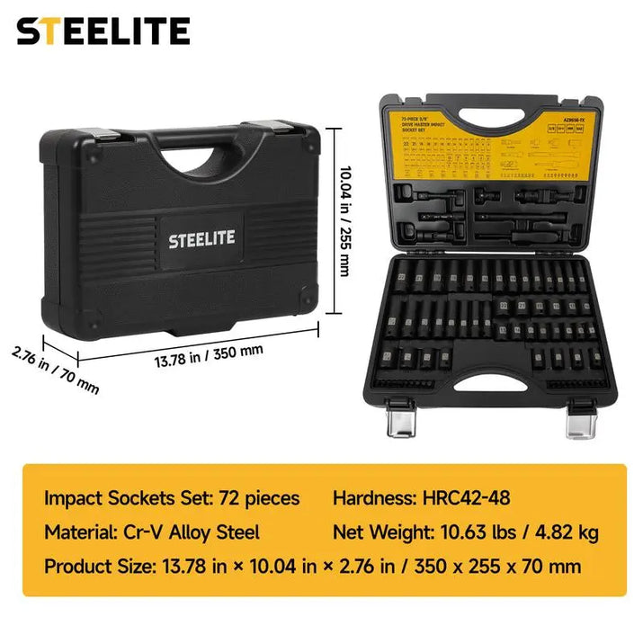 Steelite 72 Pieces 3/8" Drive Impact Socket Set, SAE (5/16"-3/4") & Metric (8-22MM), 6 Point, CR-V Construction, with Extension Bar, Adapter, Universal Joint, Spinner Handle & Assorted Bits for Versatile Repairs