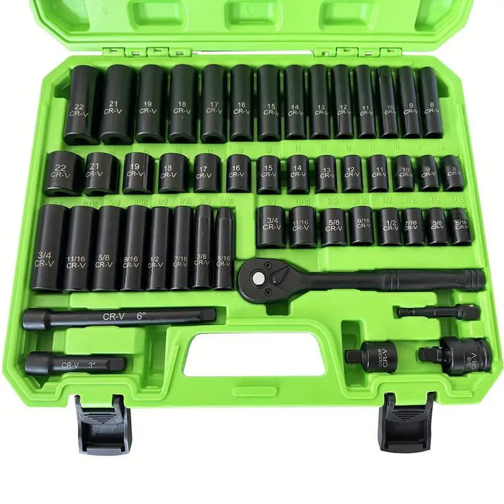 Impactwrench 3/8" Drive Impact Socket Set 50 Piece SAE & Metric CR-V Steel High Torque 6 Point Universal Joint Power Drill Adapter with Storage Case Tool Box .Professional Automotive Repair Tool Ant Nut Driver Screwdriver Tool Set